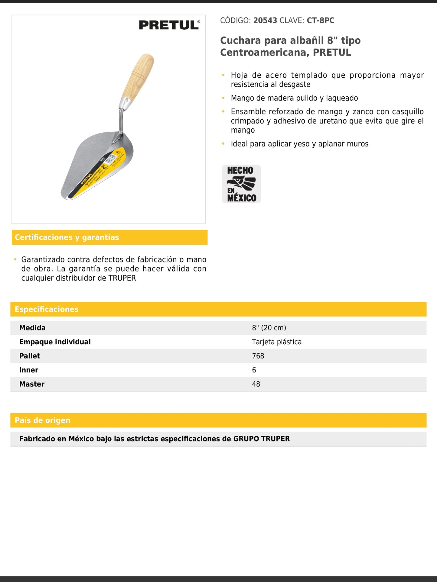 Cuchara para albañil de 8 pulgadas tipo Centroamericana
