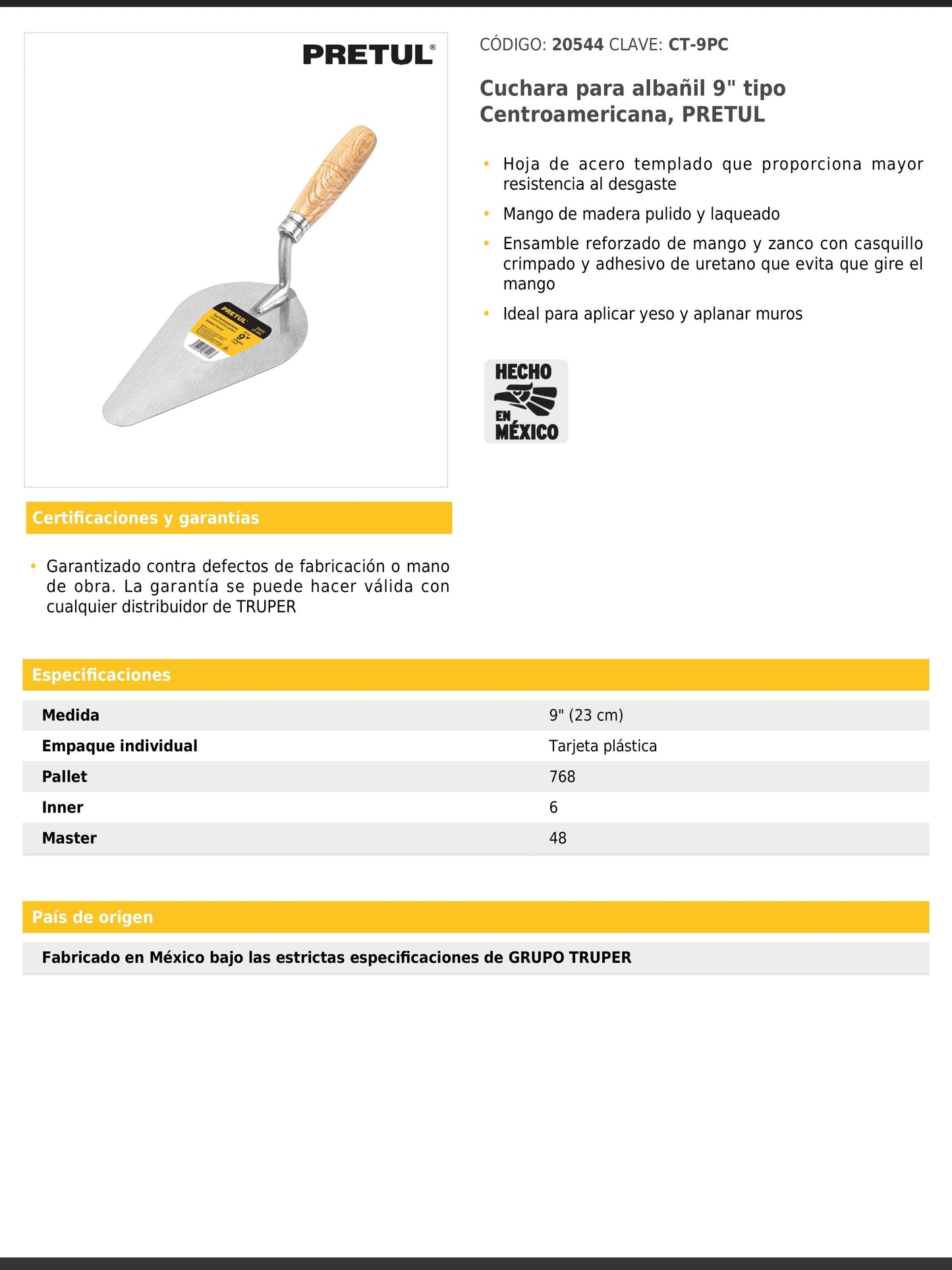 Cuchara para albañil de 9 pulgadas tipo Centroamericana