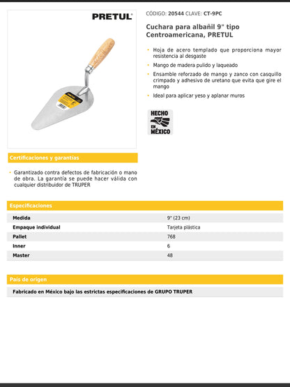 Cuchara para albañil de 9 pulgadas tipo Centroamericana
