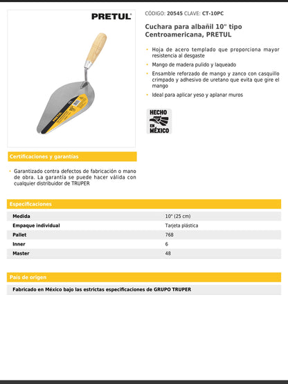 Cuchara para albañil de 10" tipo Centroamericana