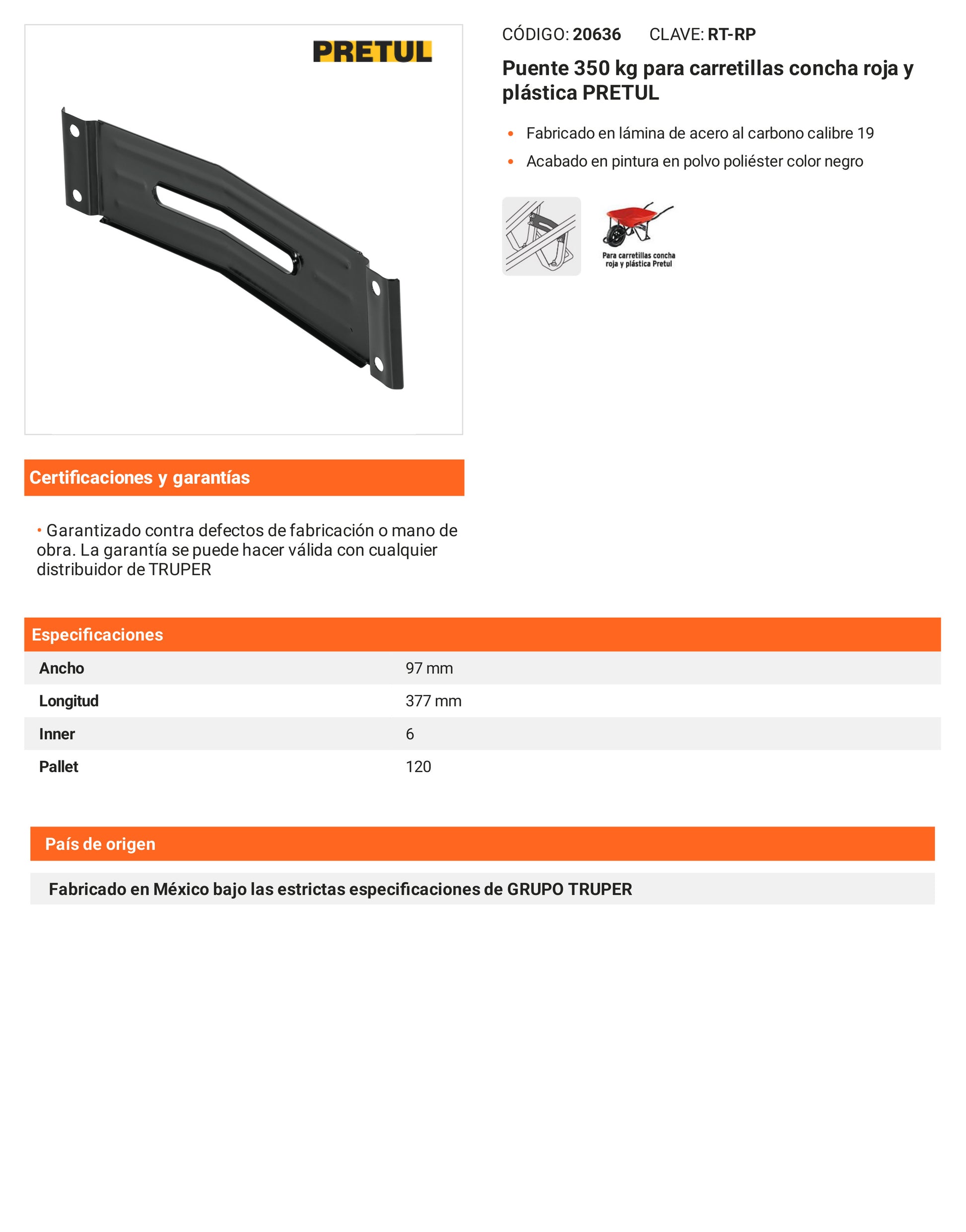 Ficha tecnica - Puente 350 kg para carretillas concha roja - SKU 20636