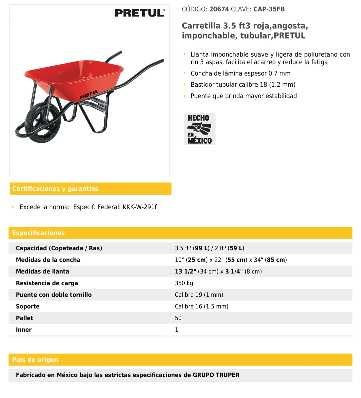 Carretilla 3.5 ft³ roja angosta imponchable tubular