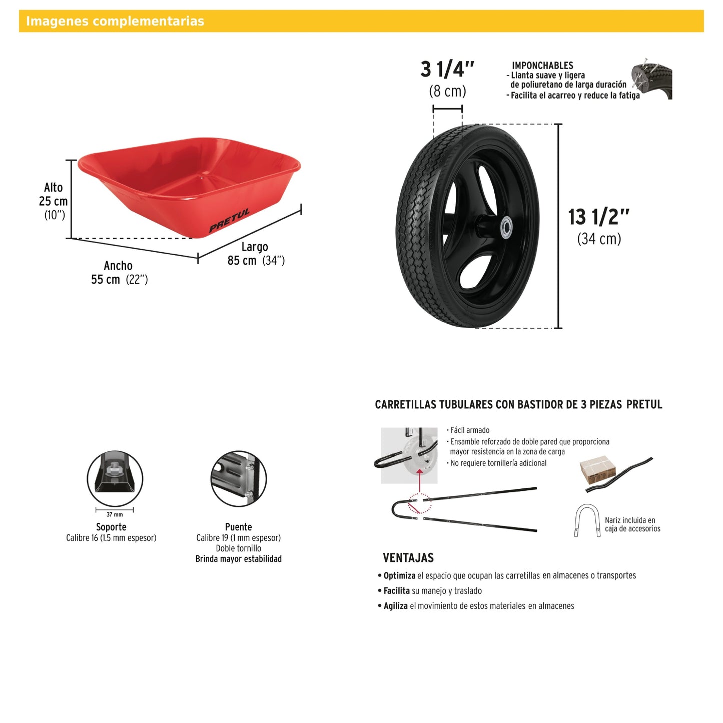 Carretilla 3.5 ft³ roja angosta imponchable tubular