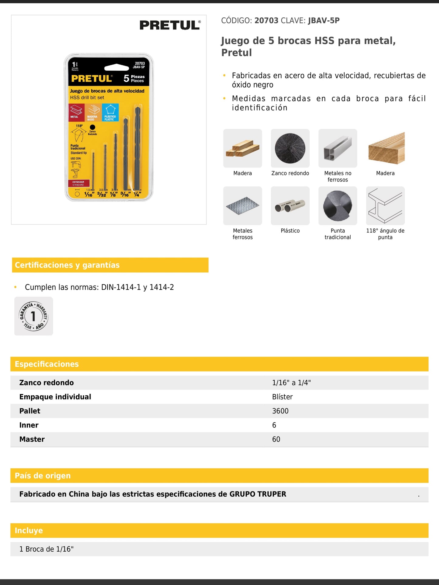 Juego de 5 brocas HSS para metal