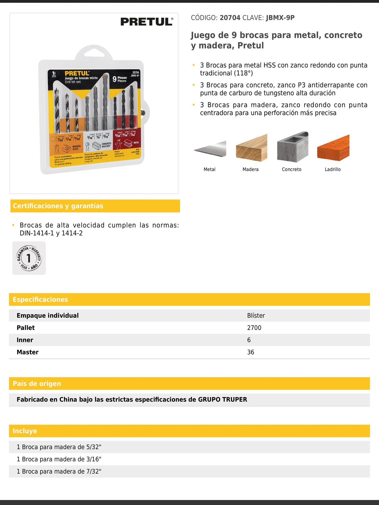 Juego de 9 brocas para metal, concreto y madera