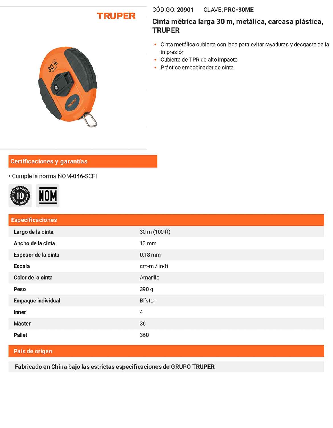 Cinta metrica metalica 30 m con carcasa