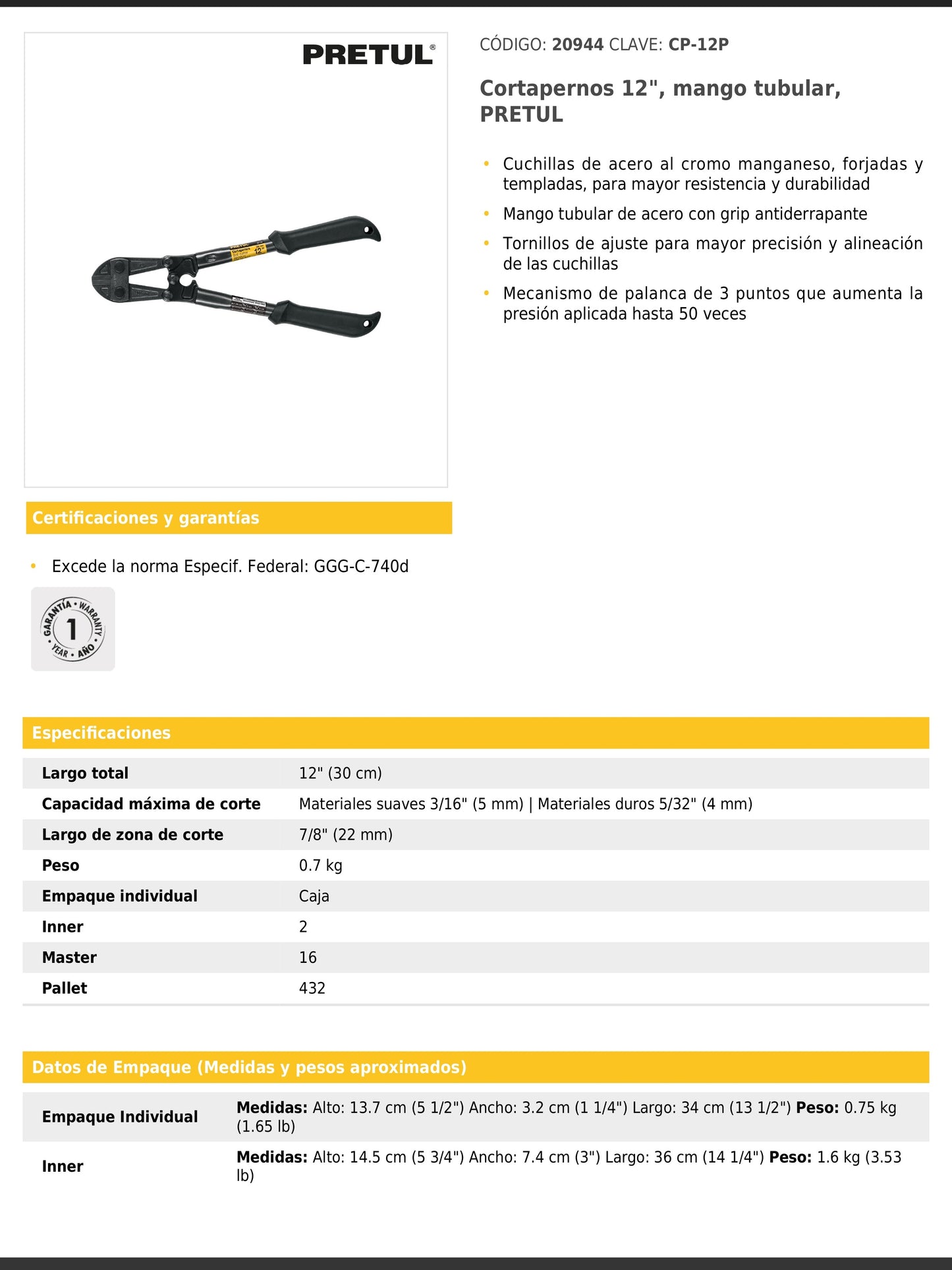 Cortapernos de 12 pulgadas con mango tubular