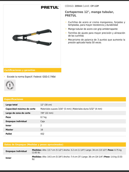 Cortapernos de 12 pulgadas con mango tubular