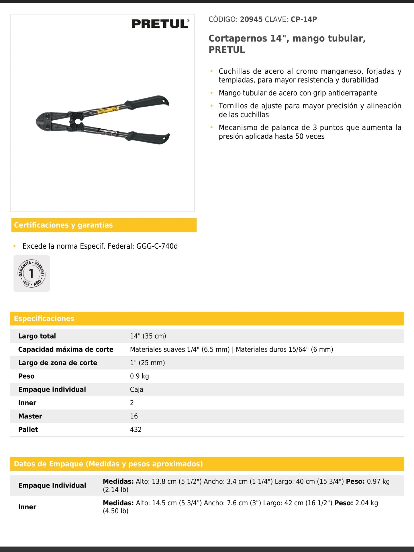 Cortapernos de 14 pulgadas con mango tubular