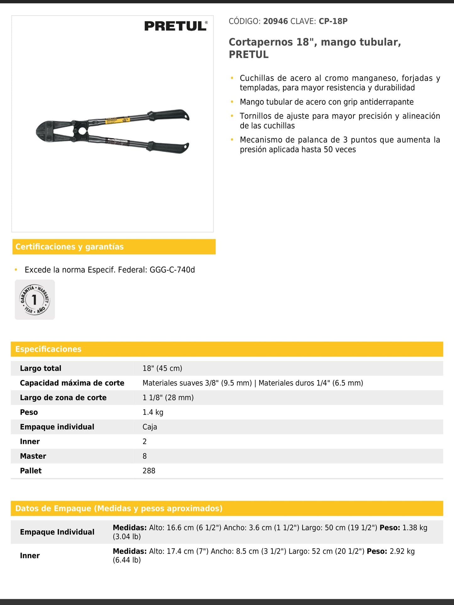 Cortapernos de 18 pulgadas con mango tubular
