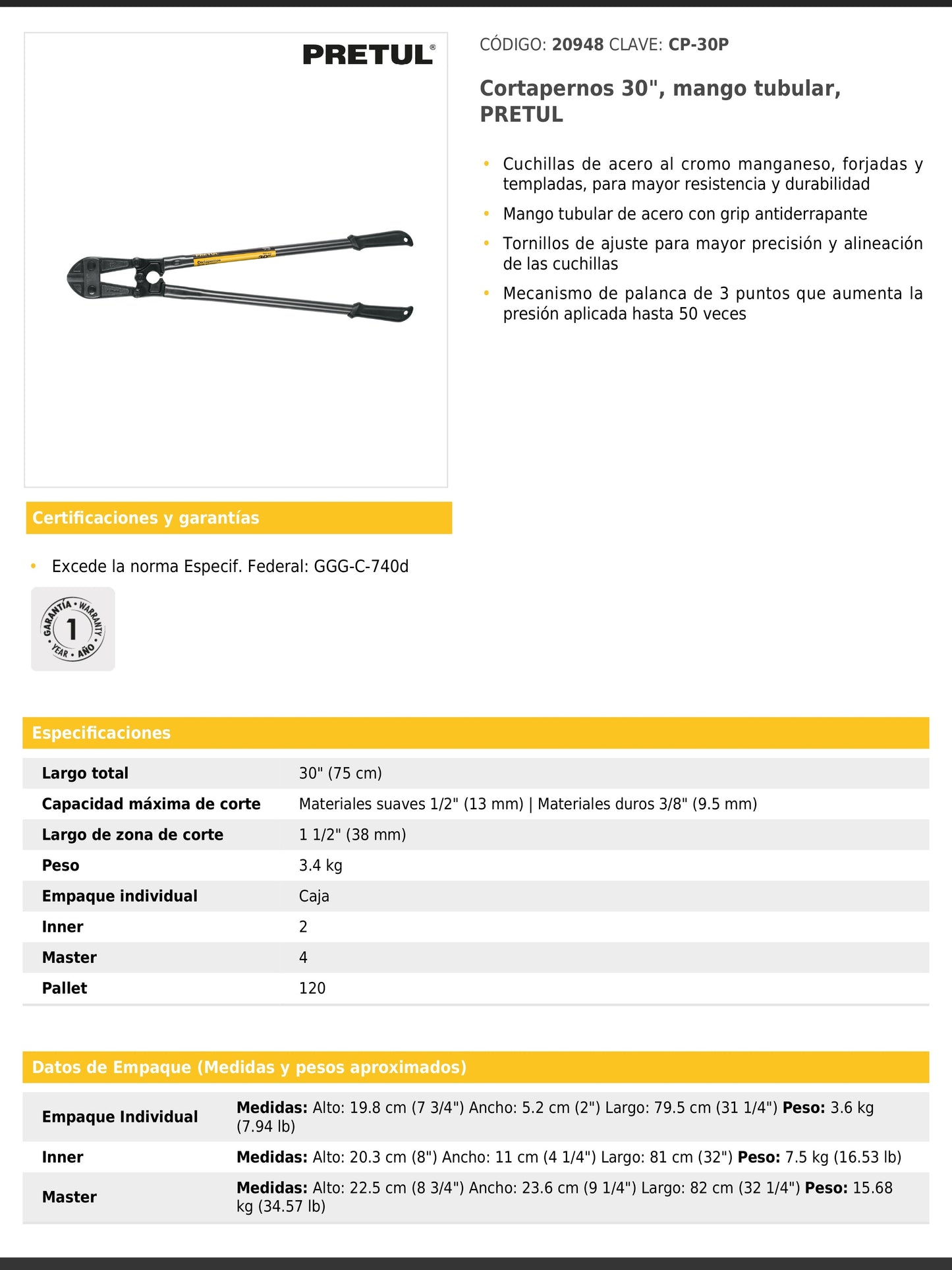 Cortapernos de 30 pulgadas con mango tubular