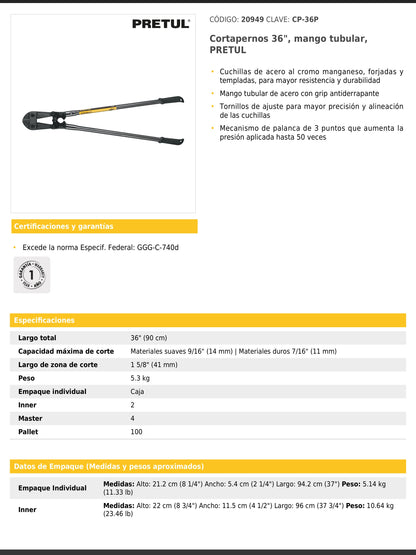 Cortapernos de 36 pulgadas con mango tubular