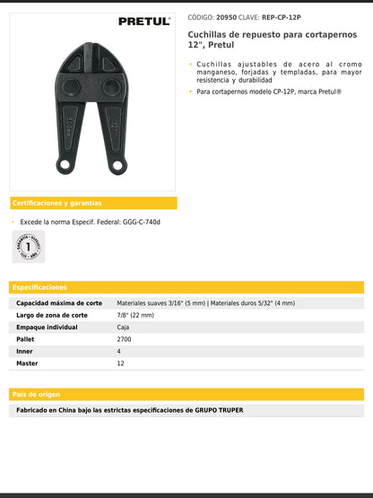 Cuchillas de repuesto para cortapernos de 12 pulgadas