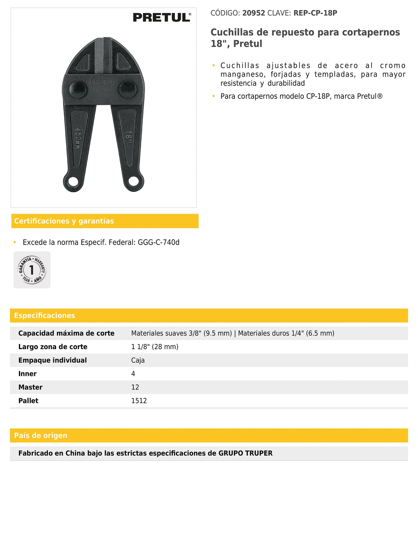 Cuchillas de repuesto para cortapernos de 18 pulgadas con acero al cromo manganeso