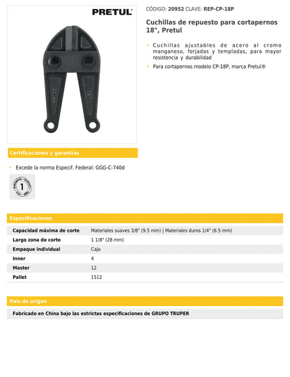 Cuchillas de repuesto para cortapernos de 18 pulgadas con acero al cromo manganeso