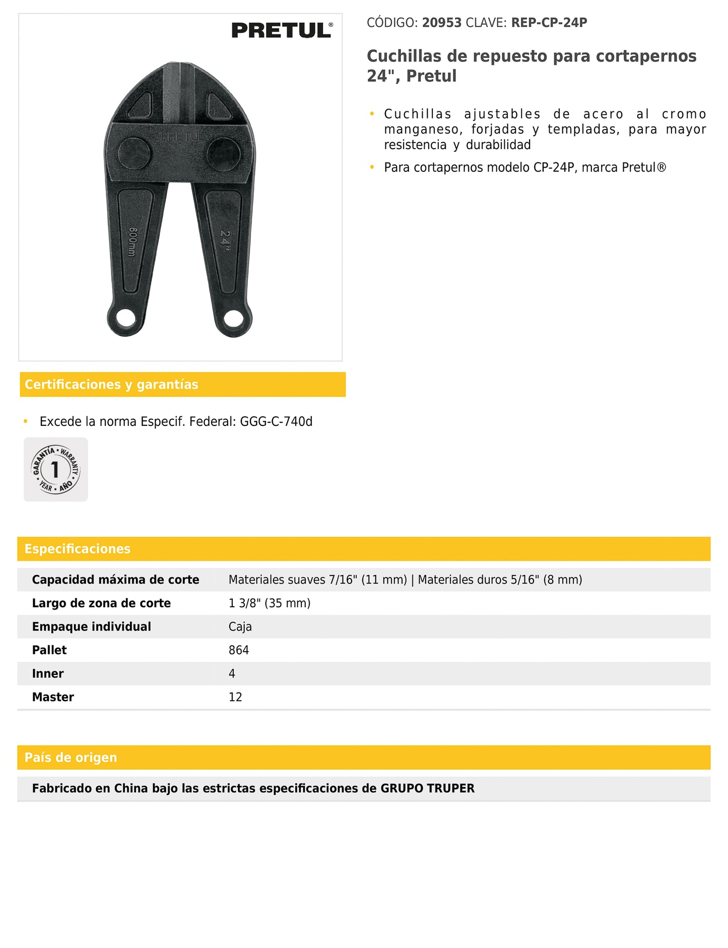 Cuchillas de repuesto para cortapernos de 24 pulgadas con acero al cromo manganeso
