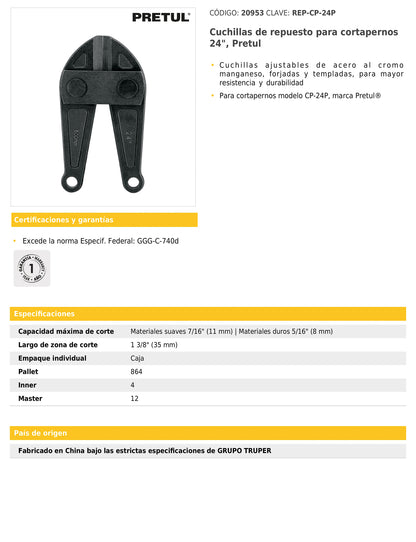 Cuchillas de repuesto para cortapernos de 24 pulgadas con acero al cromo manganeso