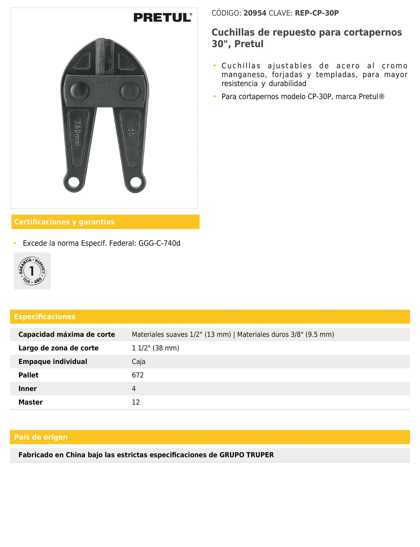 Cuchillas de repuesto para cortapernos de 30 pulgadas con acero al cromo manganeso