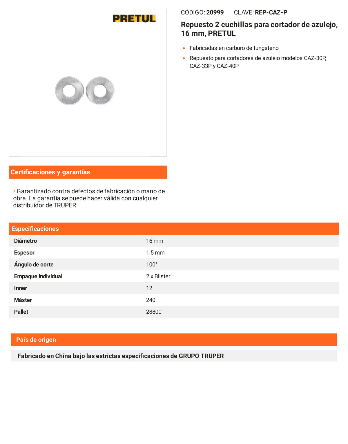 Ficha tecnica - Repuesto 2 cuchillas para cortador de azulejo - SKU 20999
