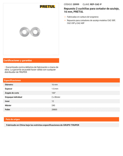 Ficha tecnica - Repuesto 2 cuchillas para cortador de azulejo - SKU 20999