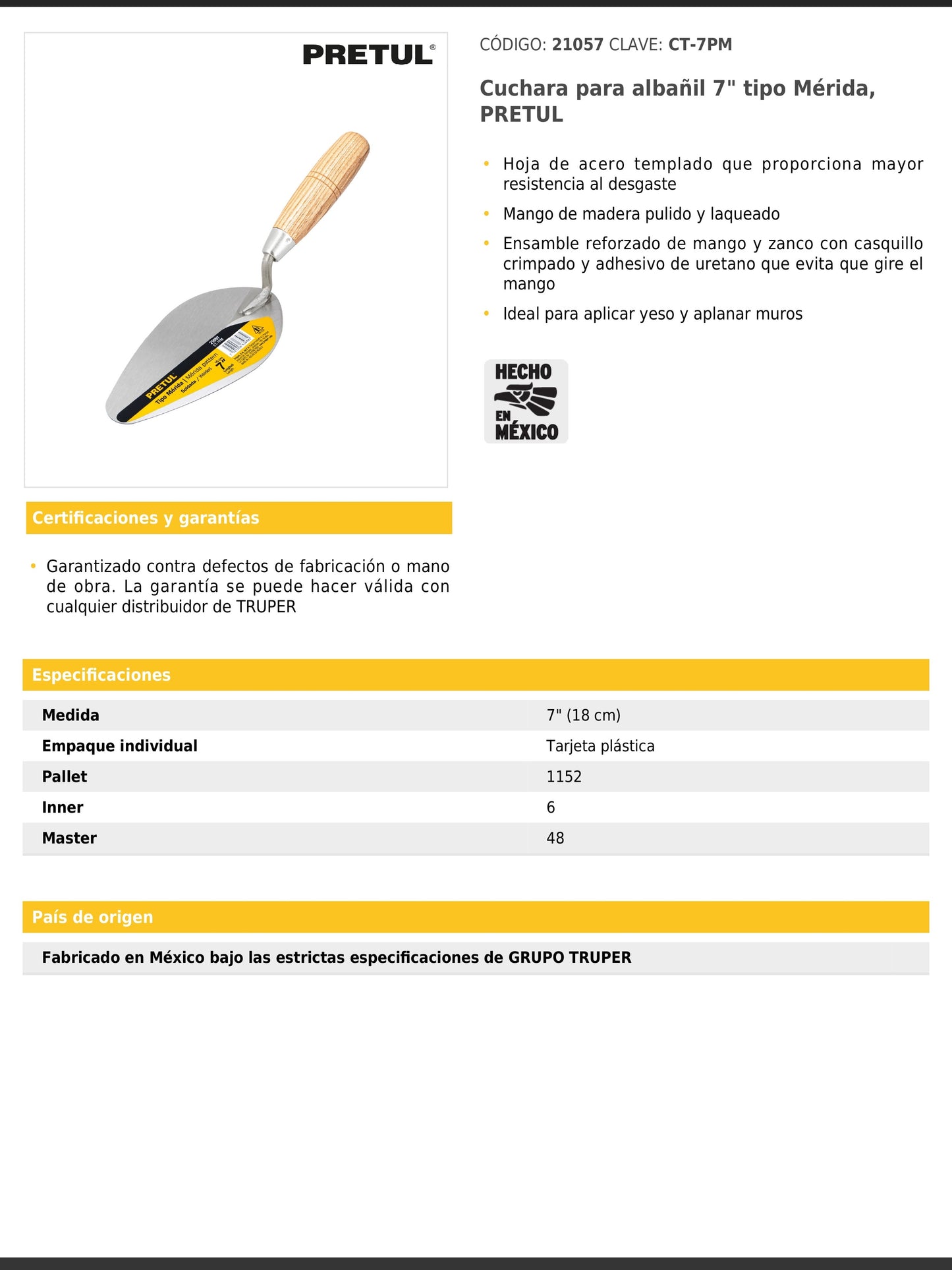 Cuchara para albañil de 7" tipo Mérida