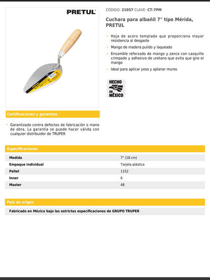 Cuchara para albañil de 7" tipo Mérida