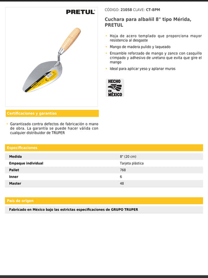 Cuchara para albañil de 8" tipo Mérida