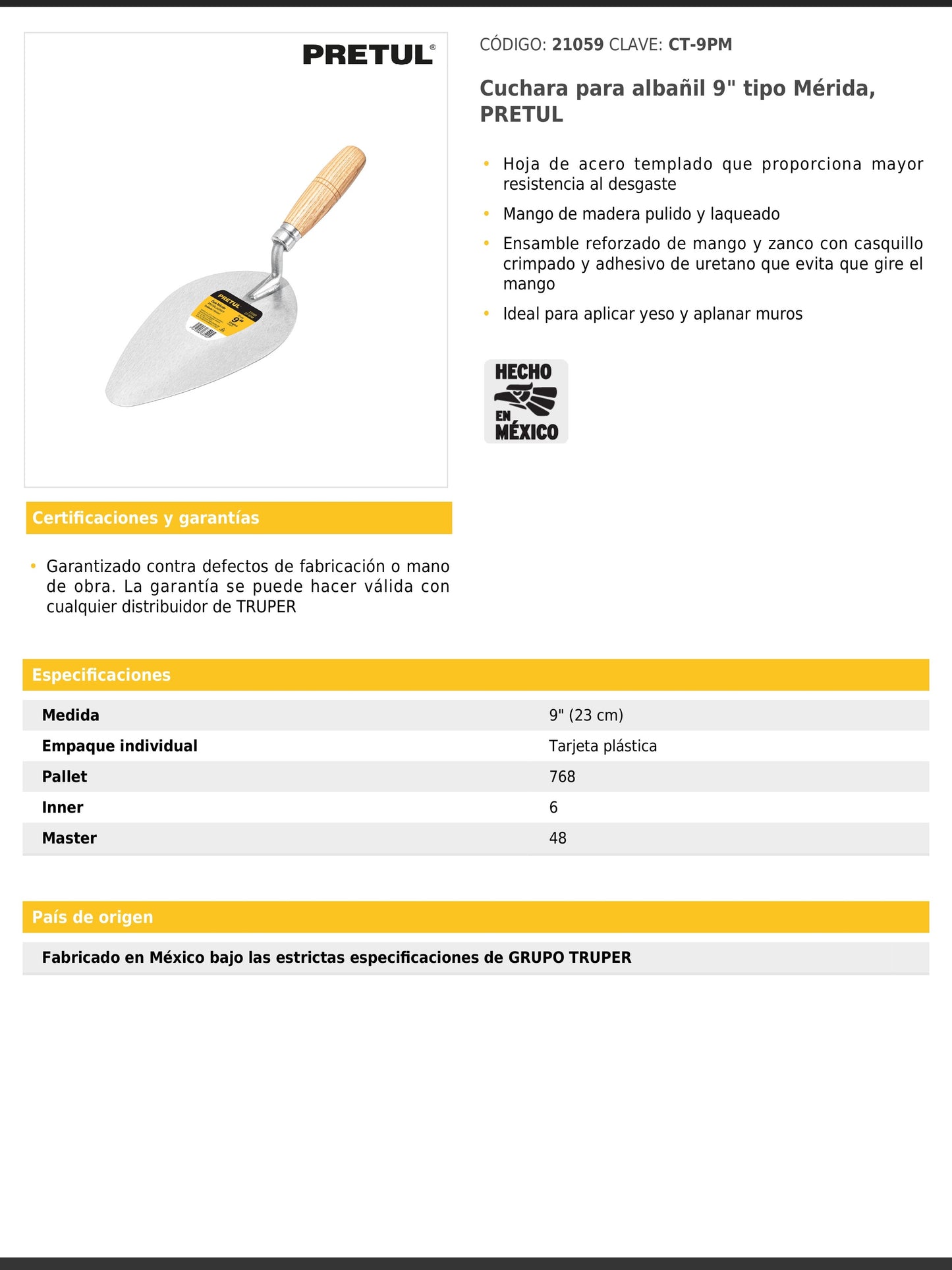 Cuchara para albañil de 9" tipo Mérida