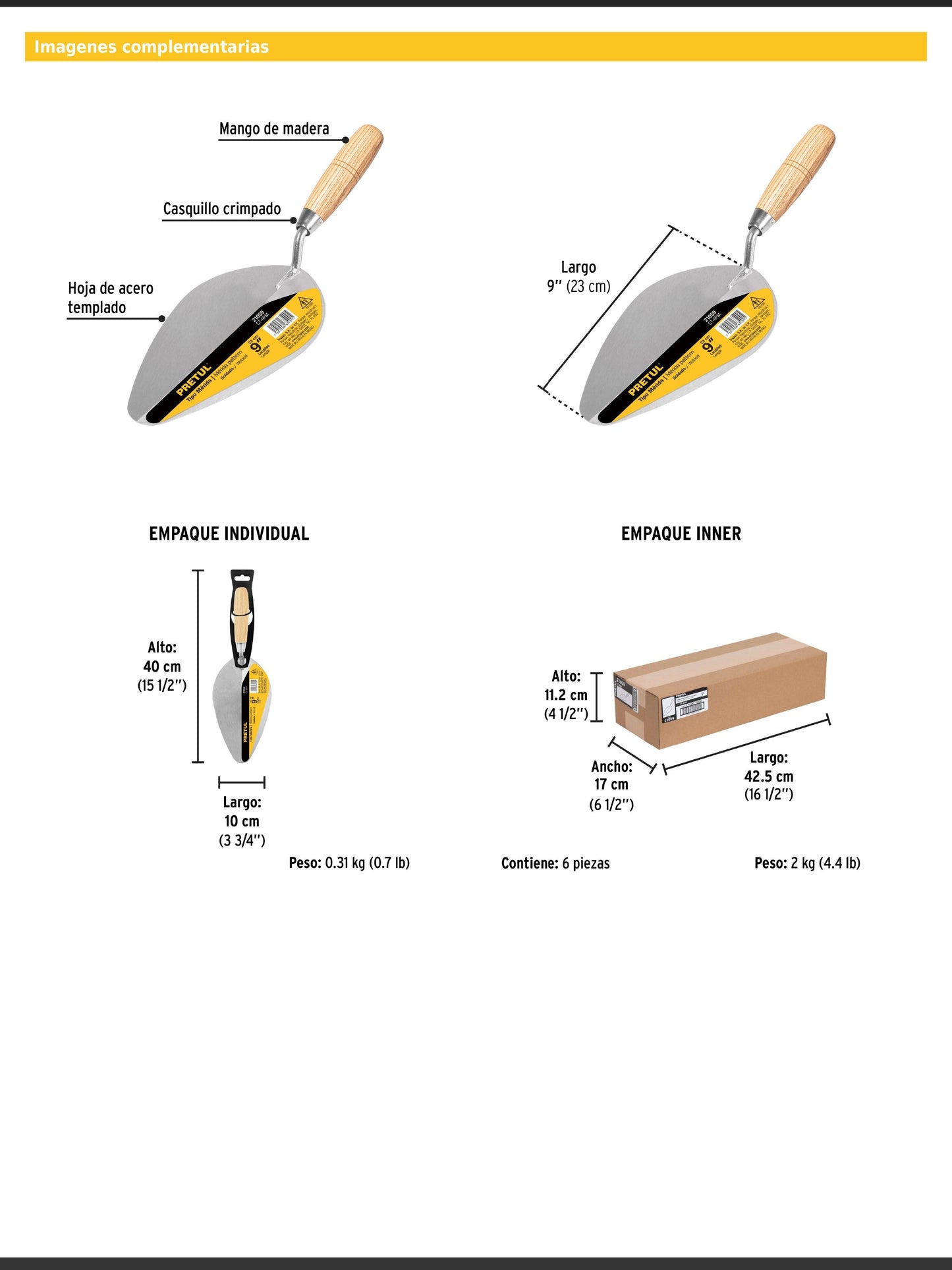 Cuchara para albañil de 9" tipo Mérida