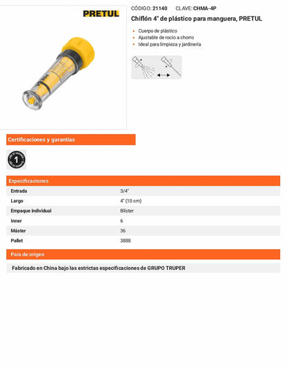 Chiflón 4pulg. de plástico para manguera