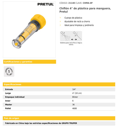 Chiflón de plástico de 4" para manguera
