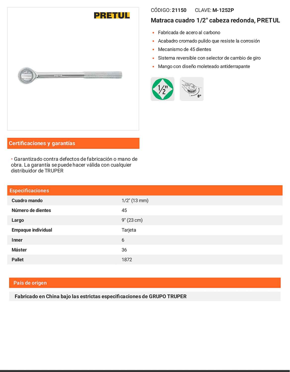 Matraca cuadro 1/2pulg cabeza redonda
