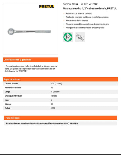 Matraca cuadro 1/2pulg cabeza redonda