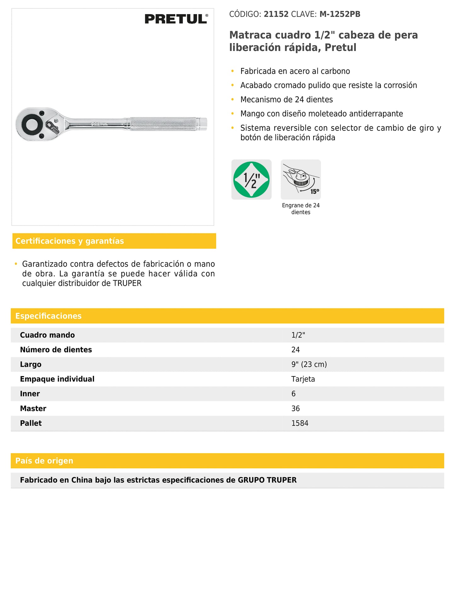 Matraca de cuadro 1/2 pulgada con cabeza de pera y liberación rápida