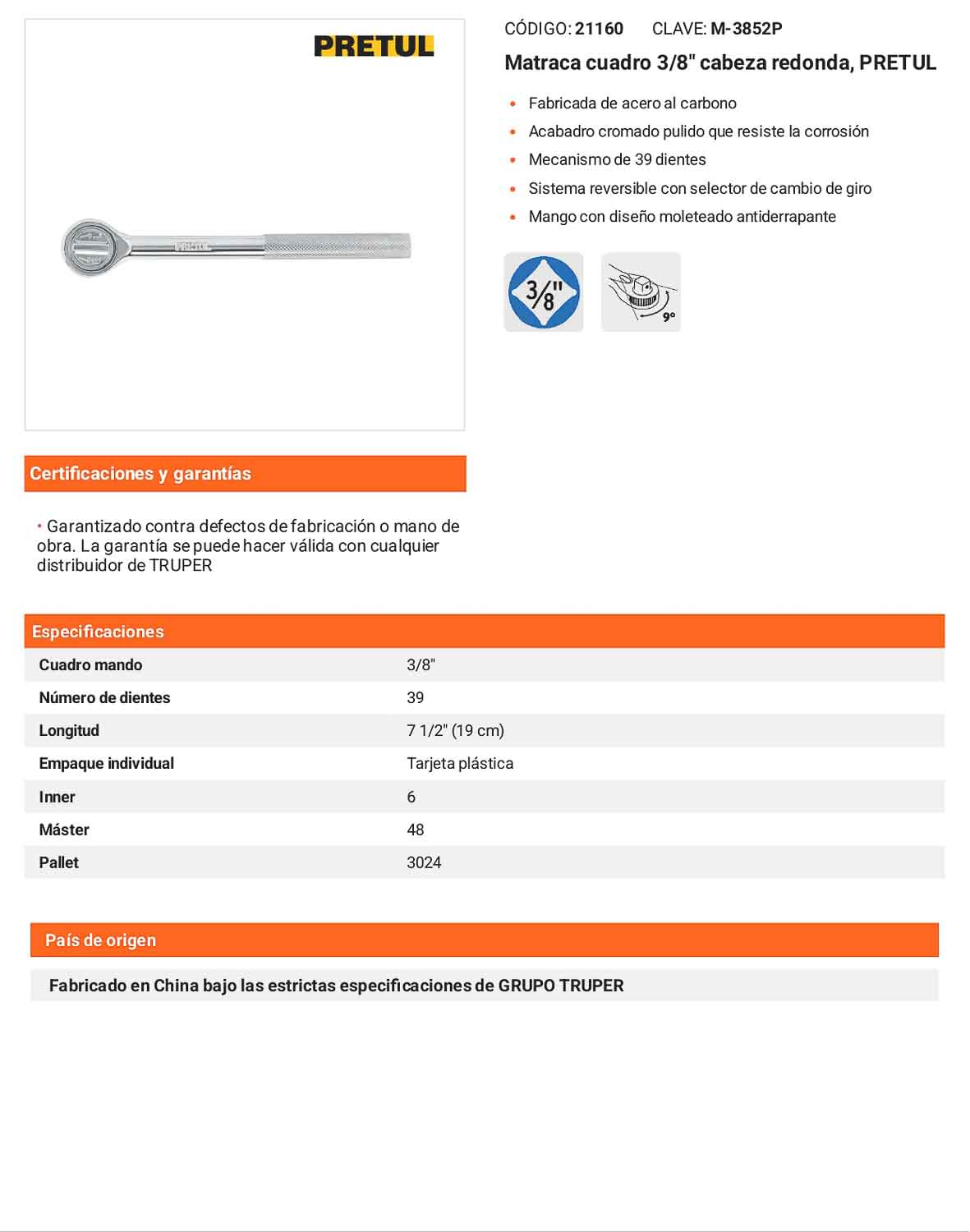 Matraca cuadro 3/8pulg cabeza redonda