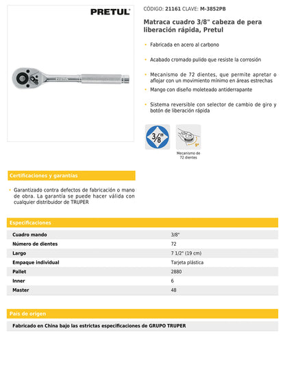 Matraca de cuadro 3/8 con liberación rápida