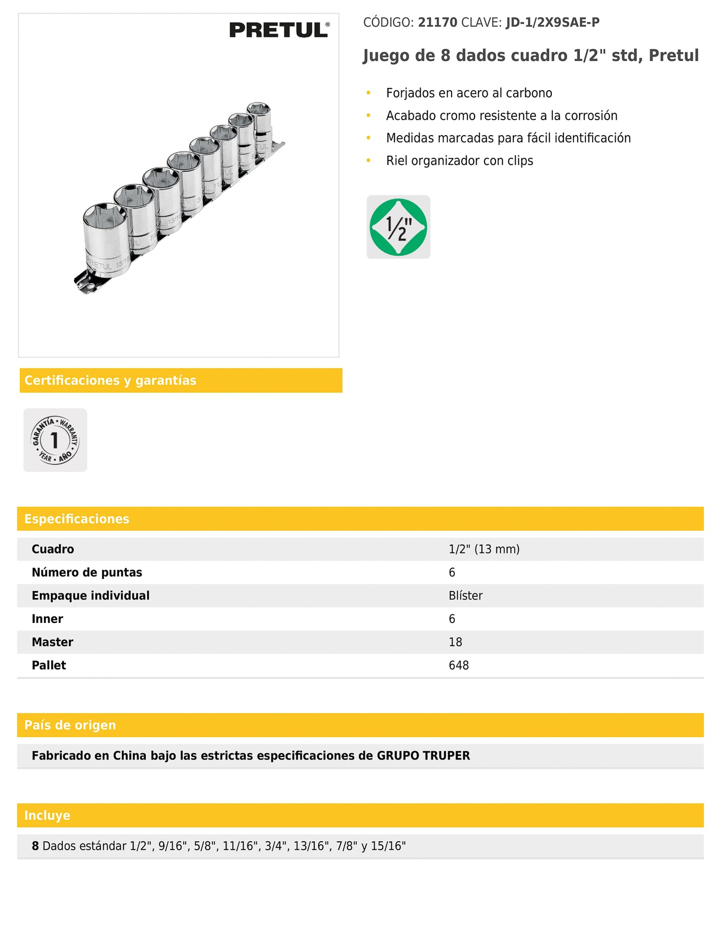 Juego de 8 dados de cuadro 1/2 estándar con riel organizador
