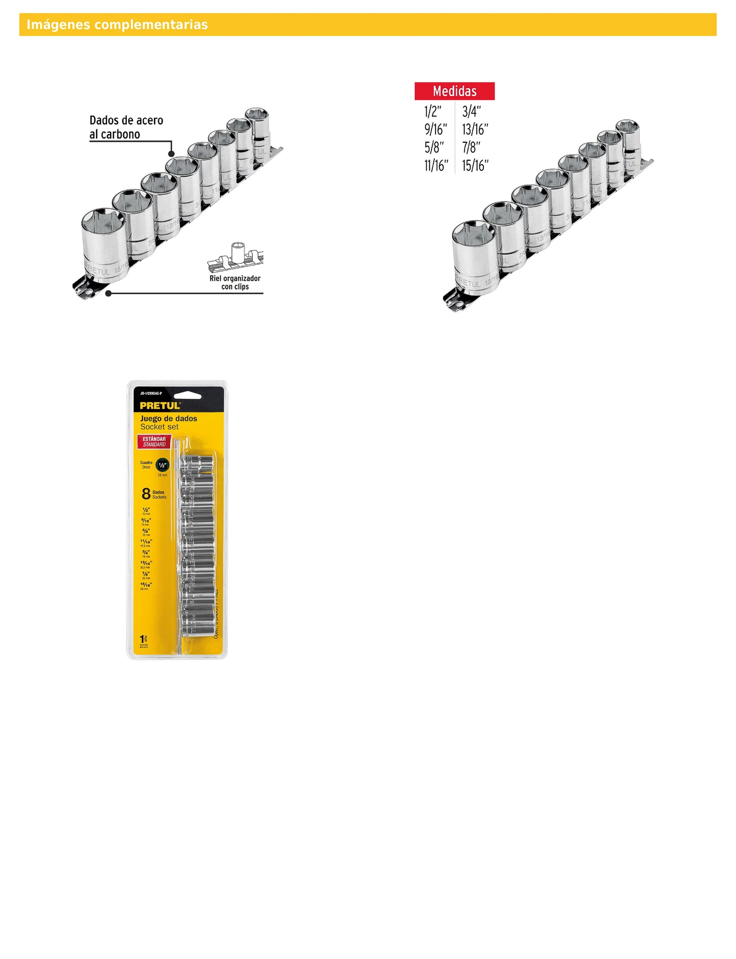 Juego de 8 dados de cuadro 1/2 estándar con riel organizador