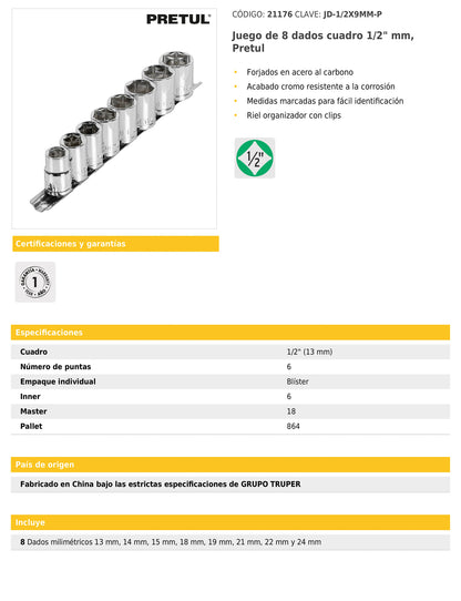Juego de 8 dados de cuadro 1/2 con riel organizador
