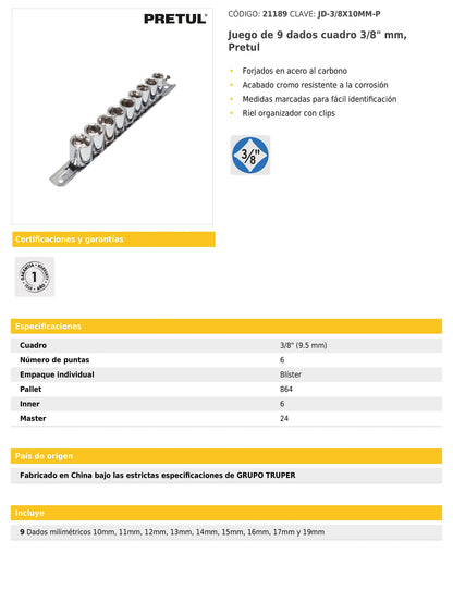 Juego de 9 dados de cuadro 3/8 mm con riel organizador