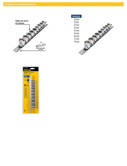 Juego de 9 dados de cuadro 3/8 mm con riel organizador