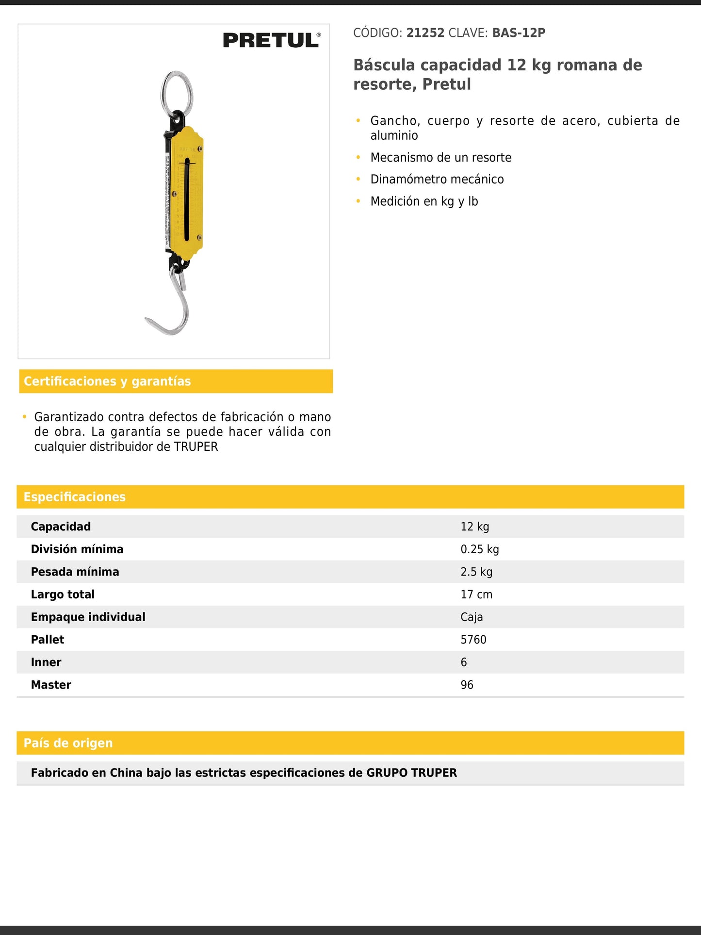 Báscula de resorte con capacidad de 12 kg