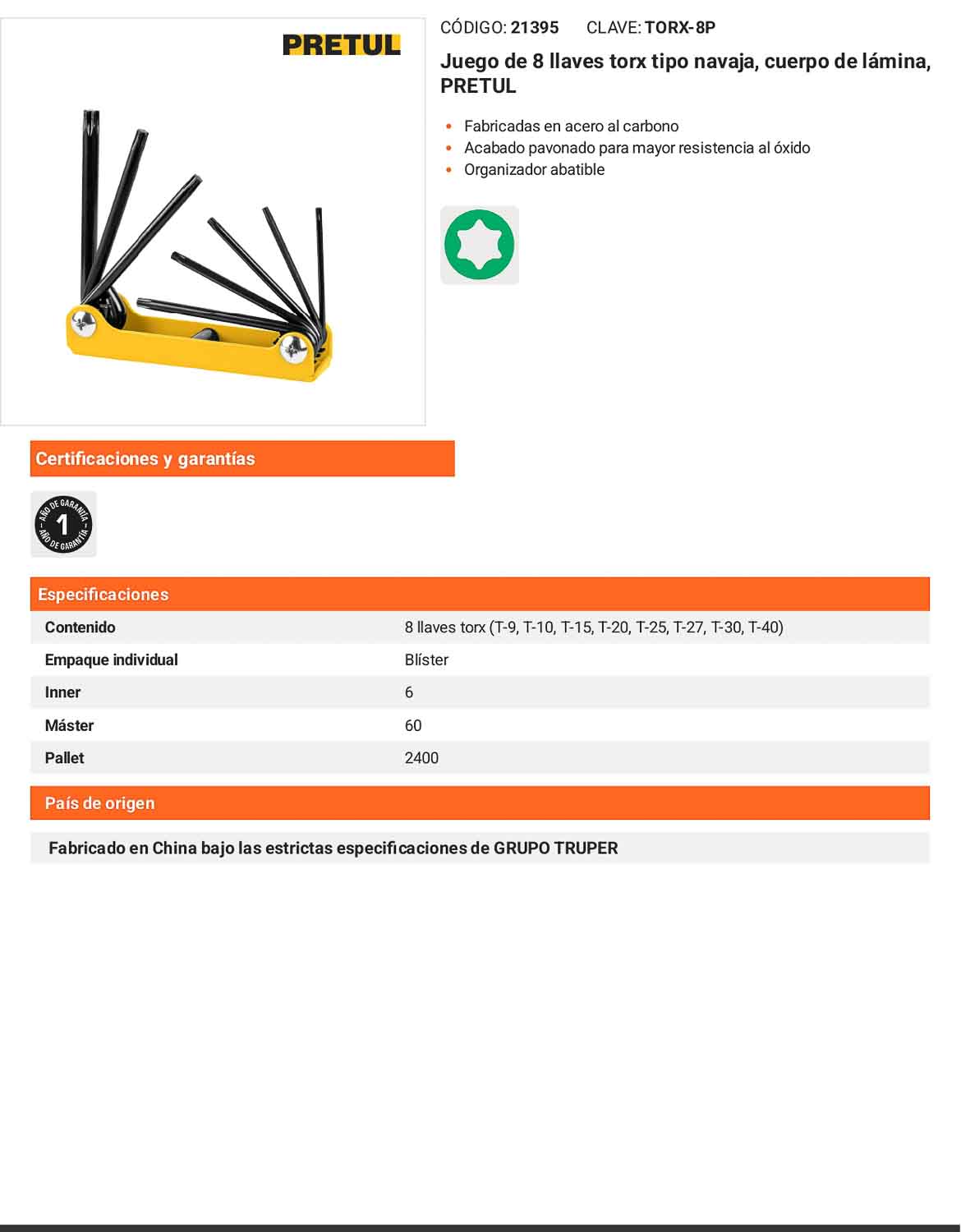 Juego 8 Llaves Torx Navaja Métrico Lámina