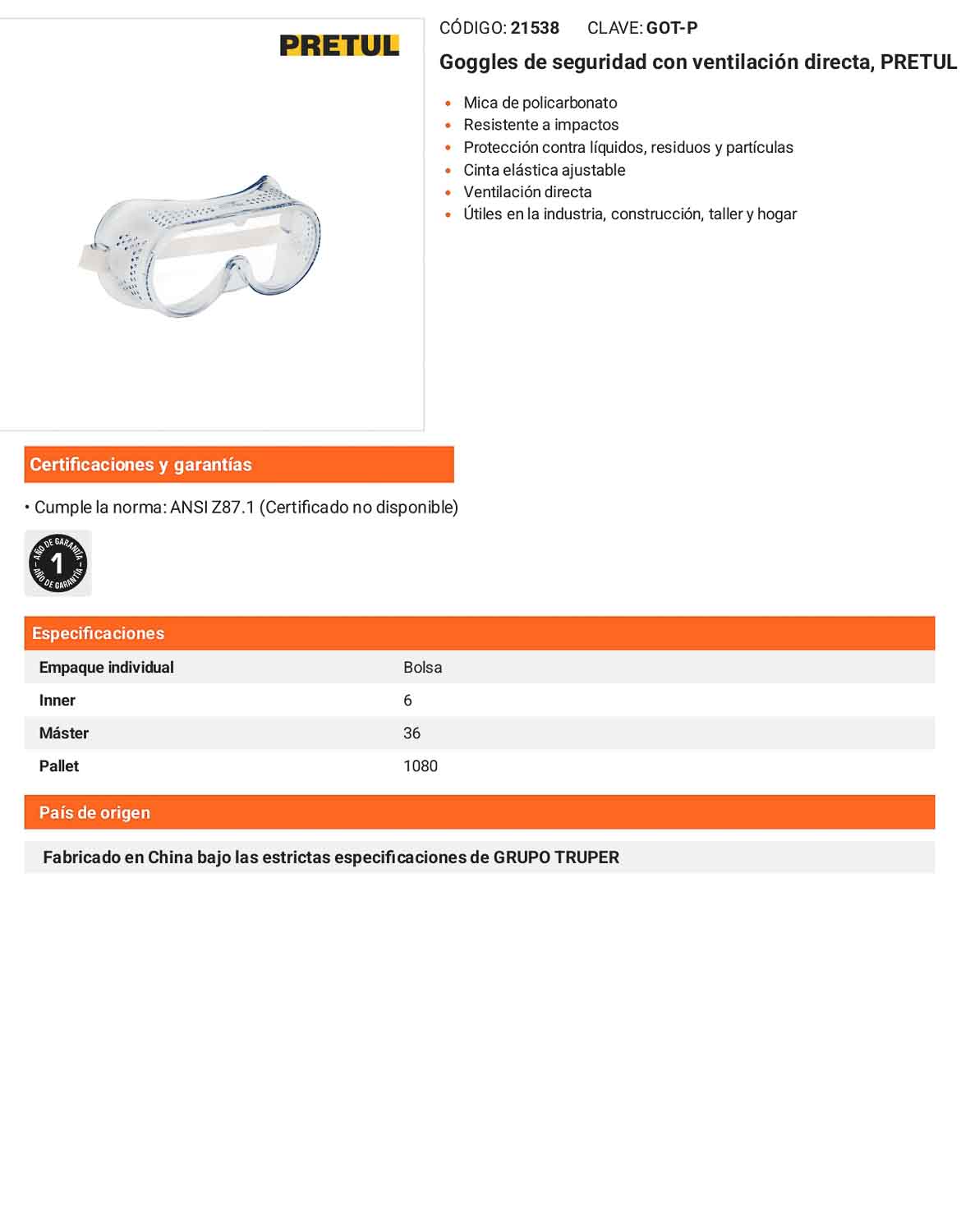Lentes de Seguridad con Ventilación Directa