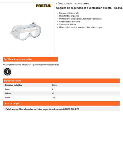 Lentes de Seguridad con Ventilación Directa