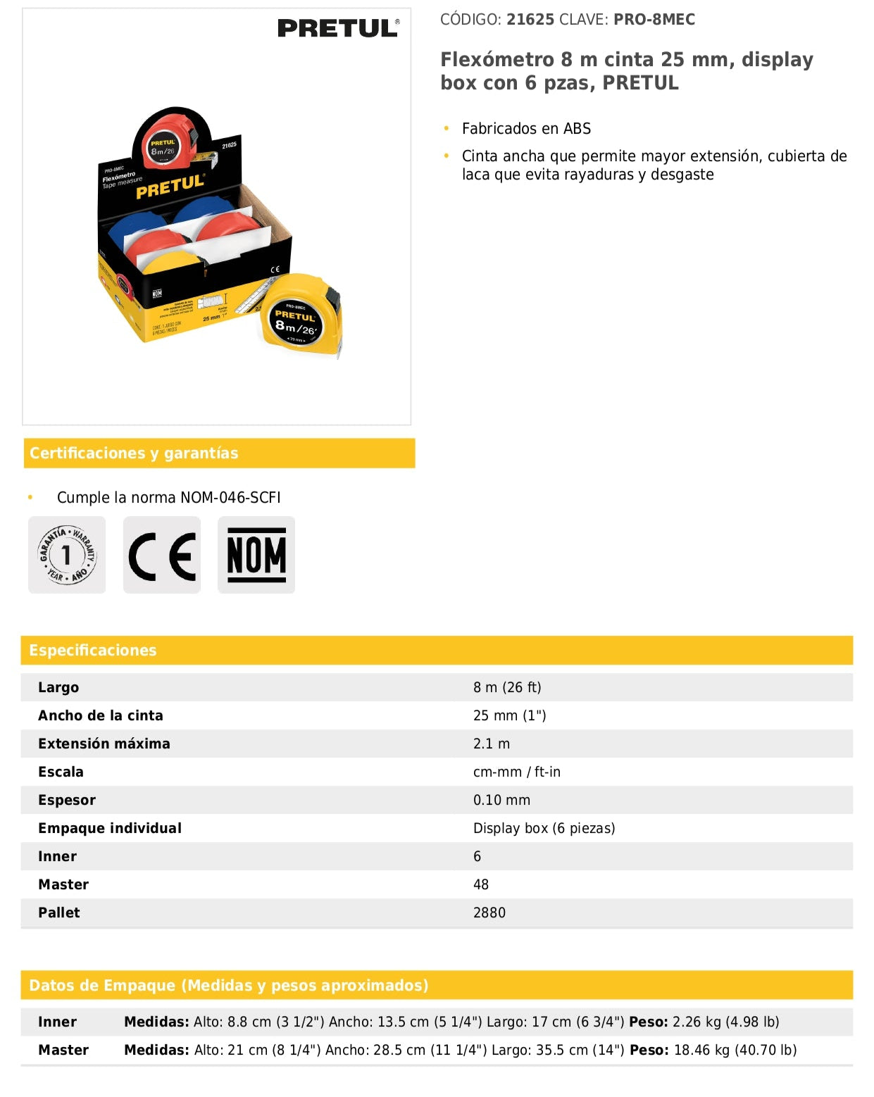 Cinta métrica de 8 m con cinta de 25 mm en display box con 6 piezas