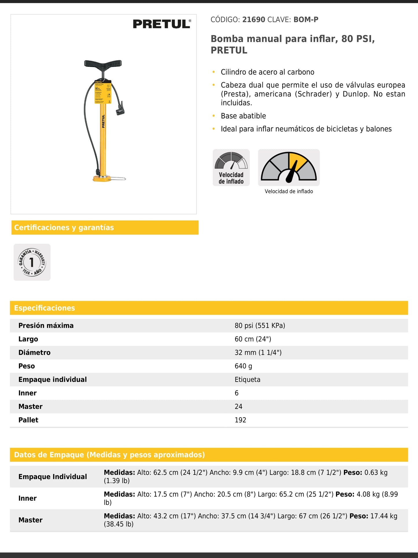 Bomba manual para inflar de 80 PSI