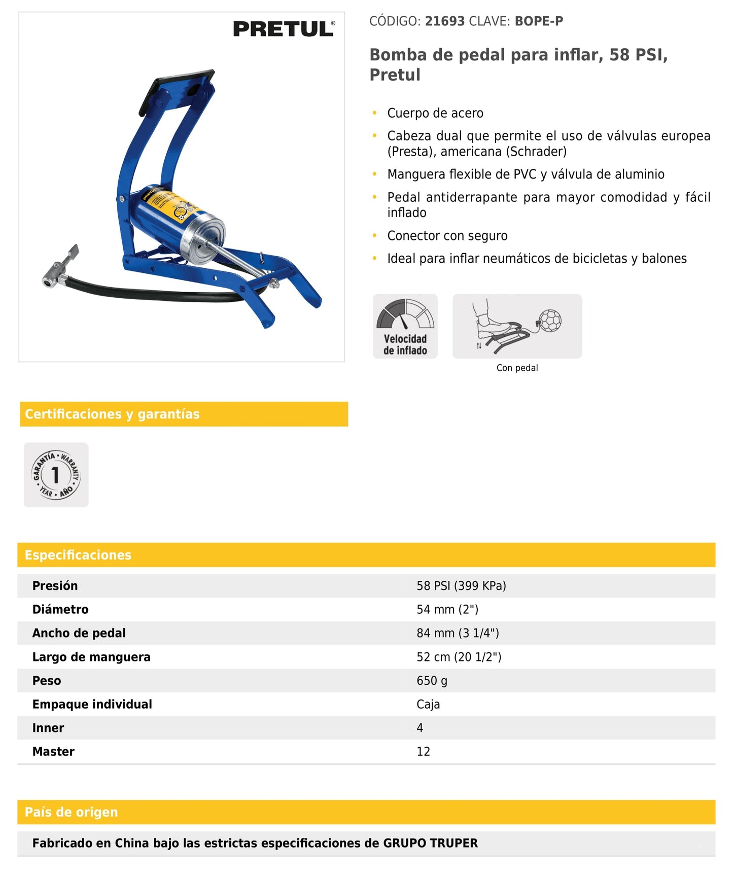 Bomba de pedal para inflar 58 PSI