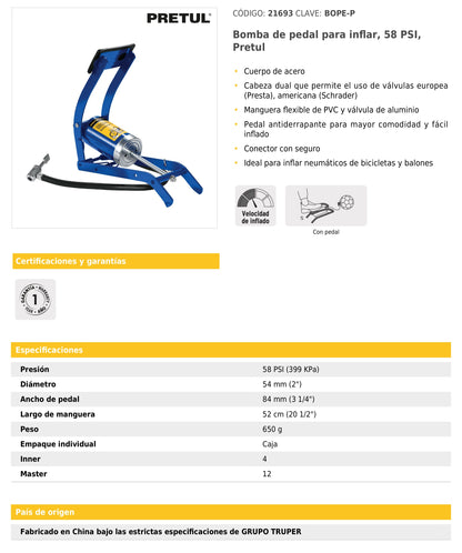 Bomba de pedal para inflar 58 PSI
