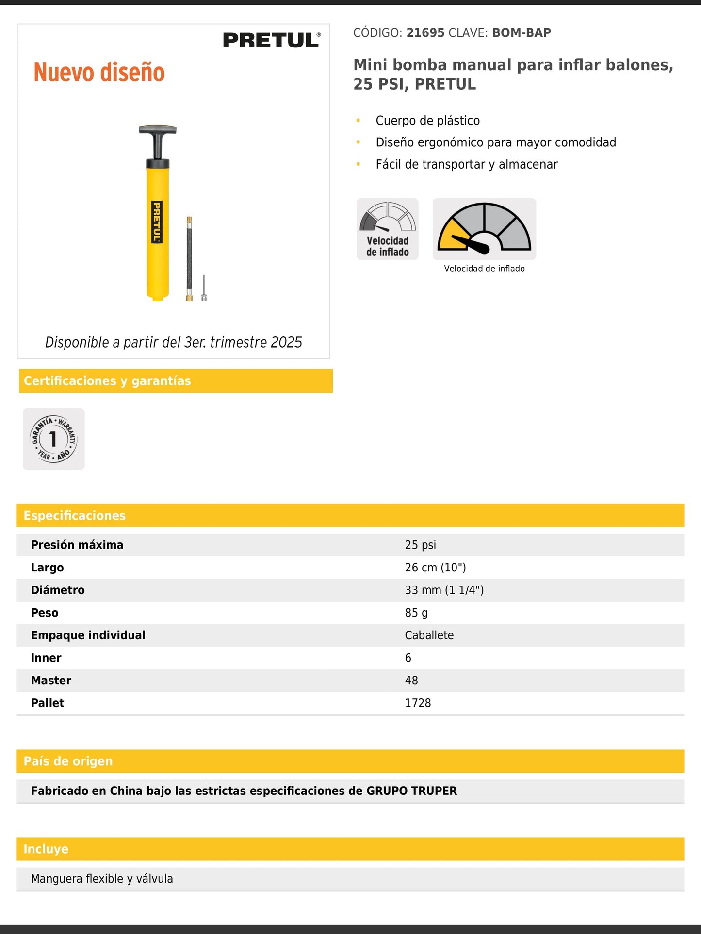 Mini bomba manual para inflar balones de 25 PSI